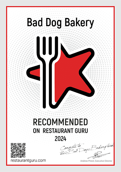 We are pleased to inform that Bad Dog Bakery has been awarded a Recommendation badge by Restaurant Guru for 2024, one of the world’s most popular foodie websites with over 30 millions monthly users. Congratulations on your achievement!